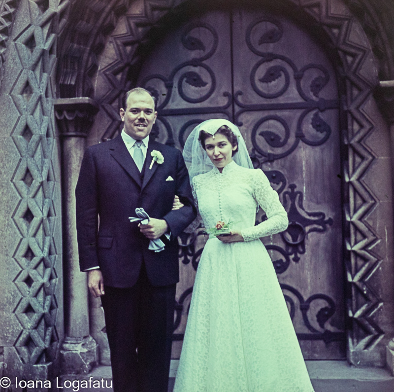Couple celebrating wedding at historic venue