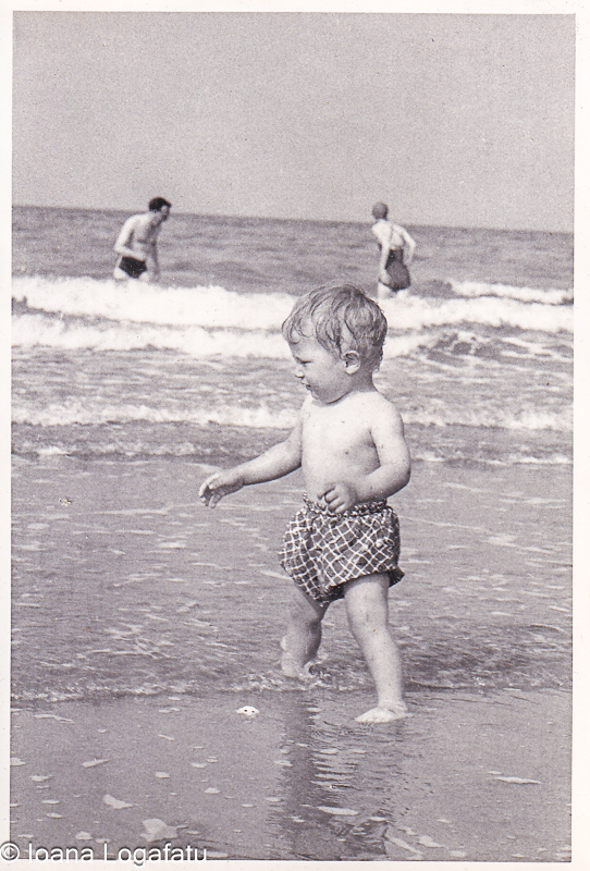 Child playing at a sunny beach shore