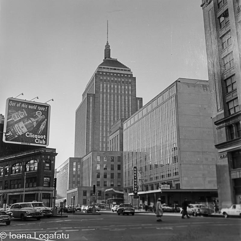 Busy downtown cityscape in black and white