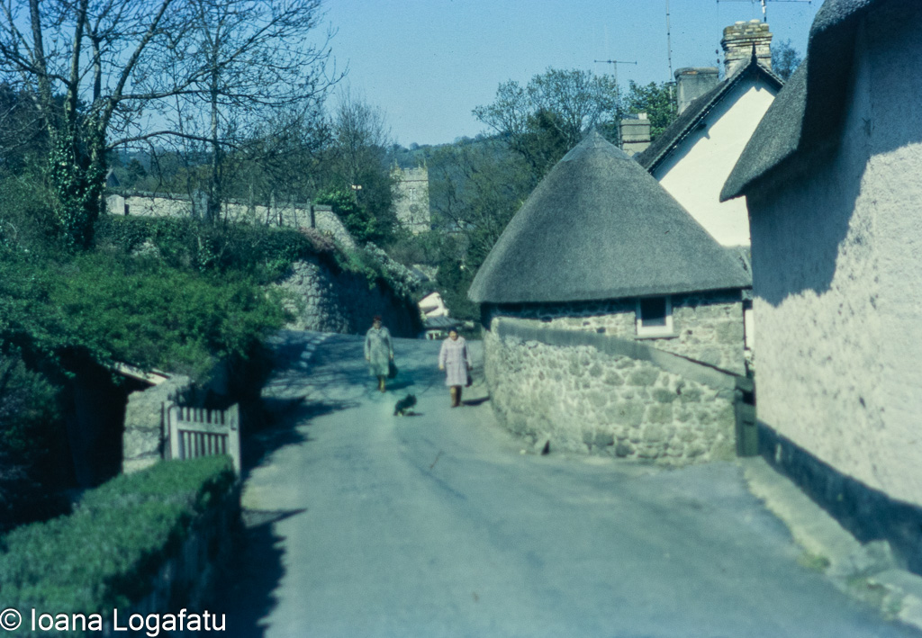 Charming village road with cottages and walkers