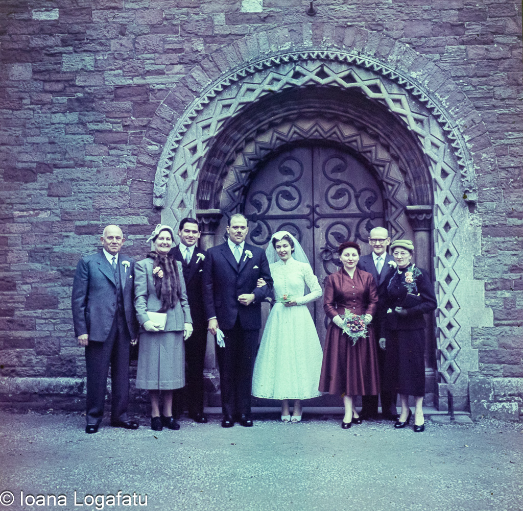 Wedding party gathers at historic stone venue