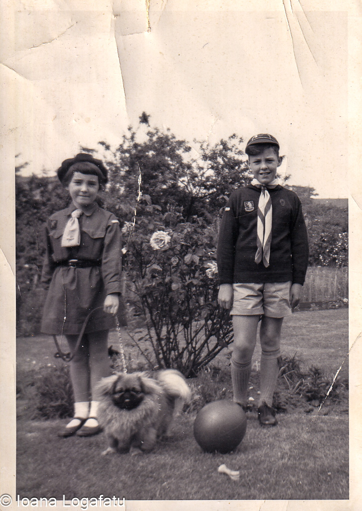 Children in a garden with their dog and a ball