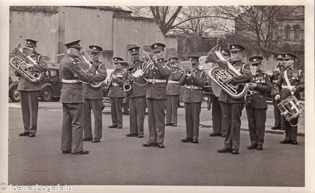 Marching band performs in a historic location
