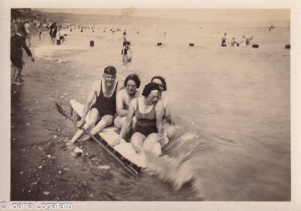 Vintage beach day with friends enjoying the water