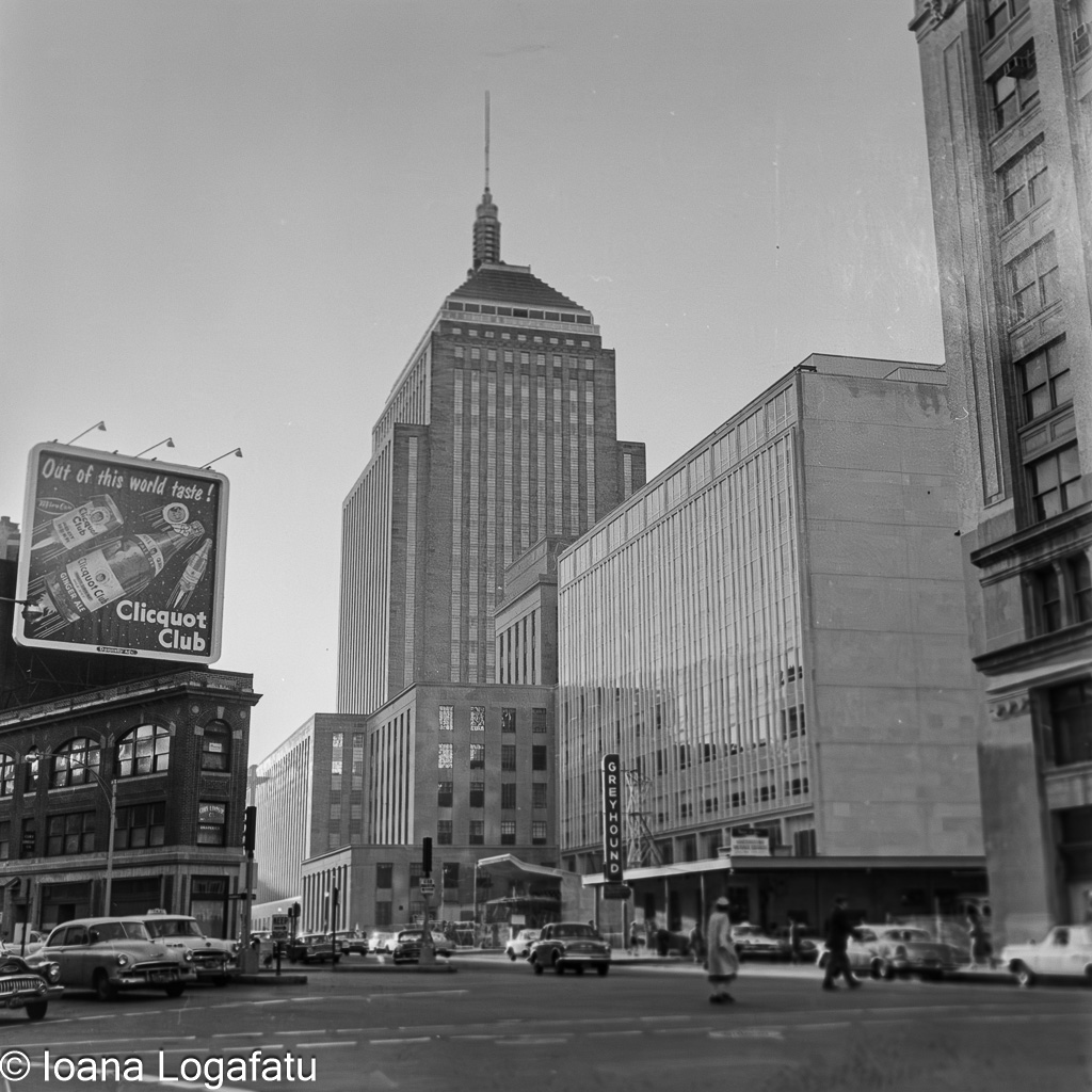 Busy downtown cityscape in black and white