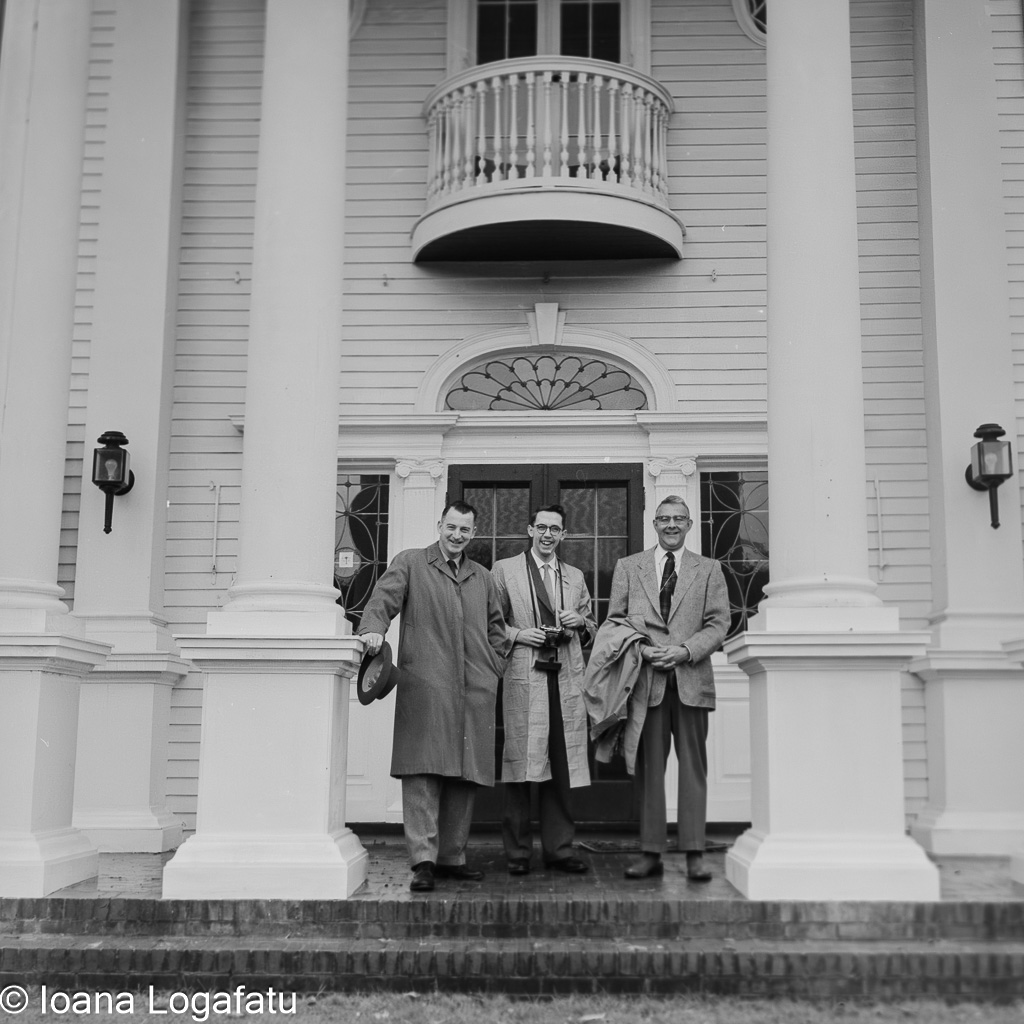 Three gentlemen posing at a grand entrance
