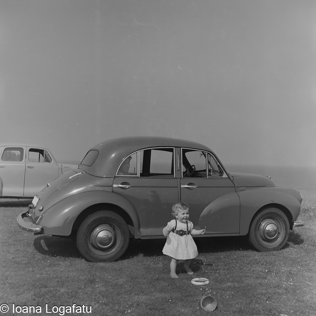 Child plays joyfully by classic cars
