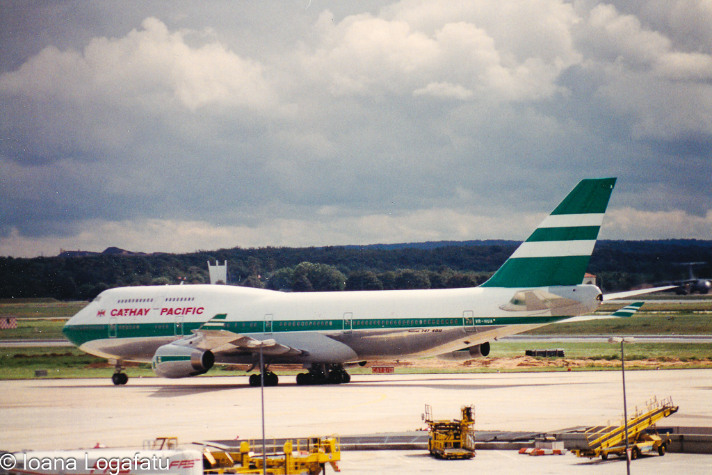 Airliner prepares for takeoff under cloudy skies