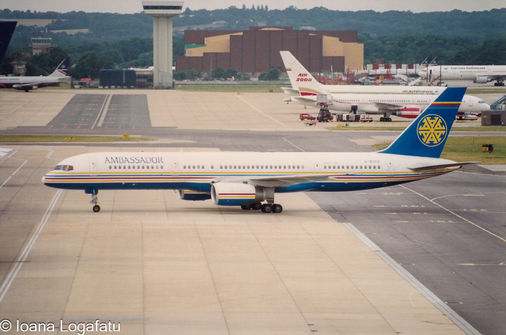 Airplane taxiing at the airport under cloudy skies