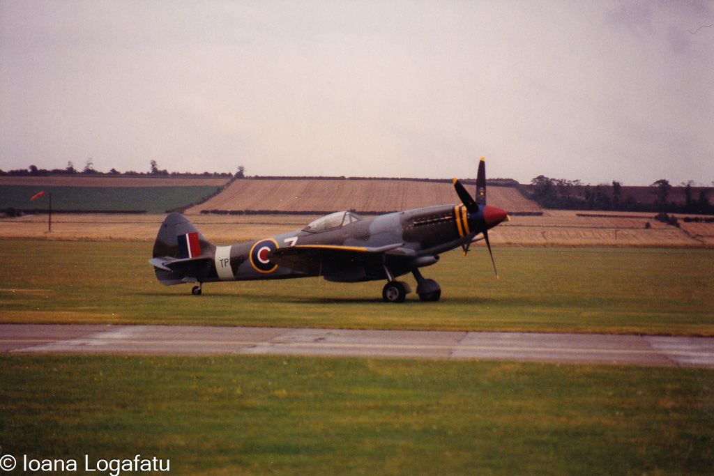 Vintage fighter plane taxis on lush airfield