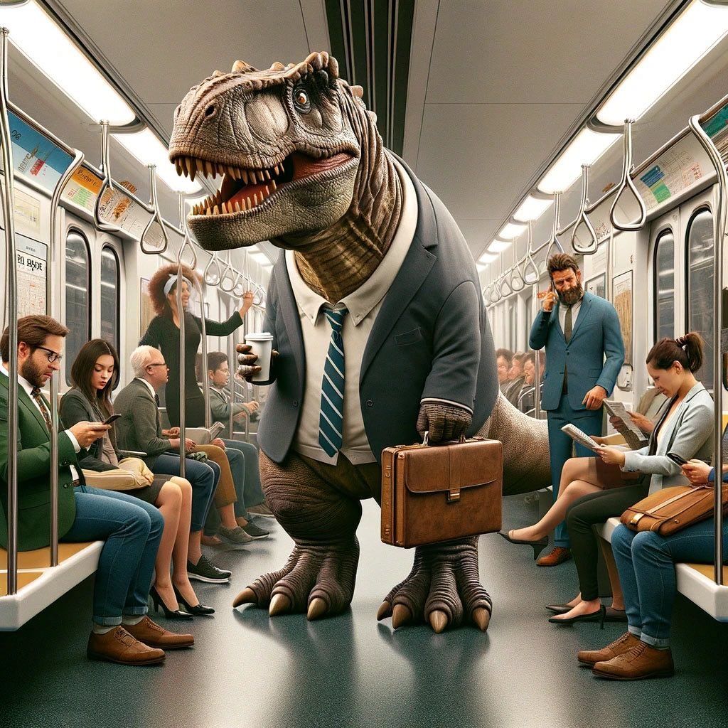 business trex commuting on subway in suit