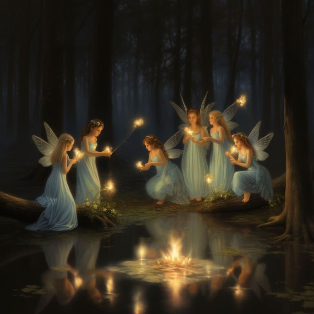 fairy gathering by moonlit pond