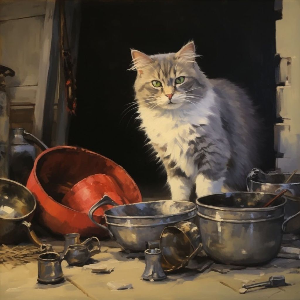 mischievous cat amidst fallen pots in rustic kitchen