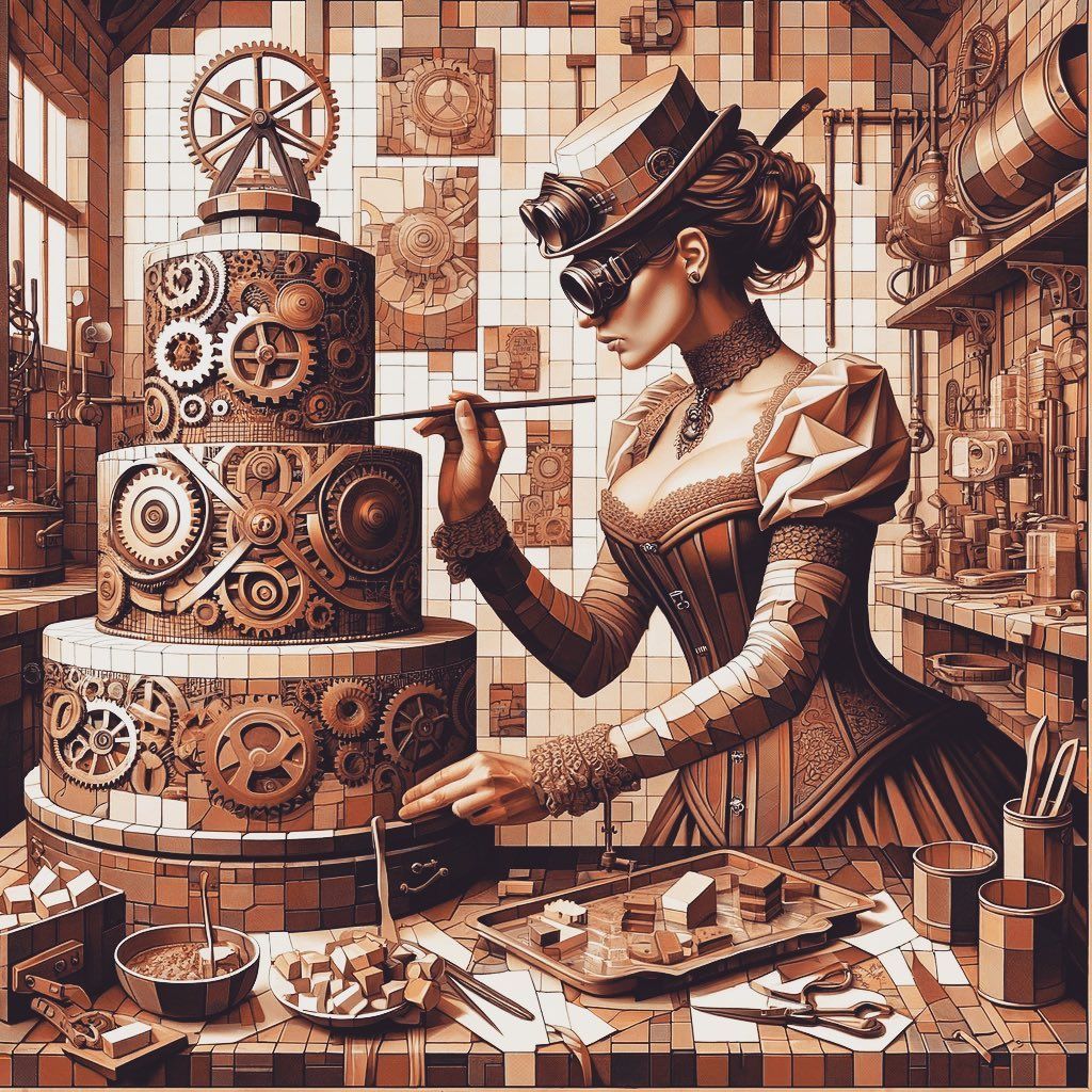 steampunk baker decorating gear cake in workshop