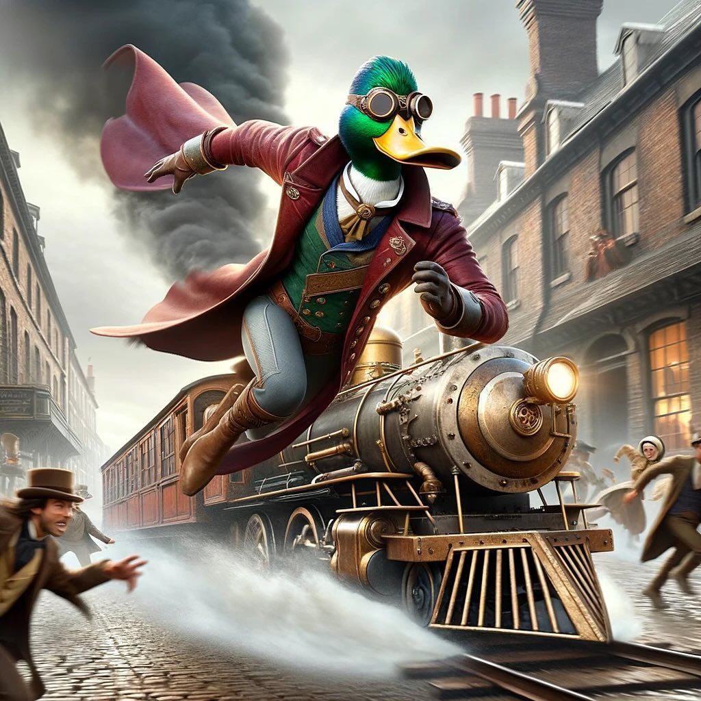 steampunk duck hero leaping before victorian train