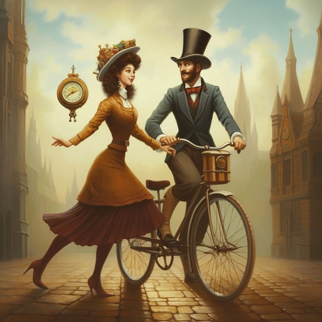 victorian couple cycling with floating pocketwatch