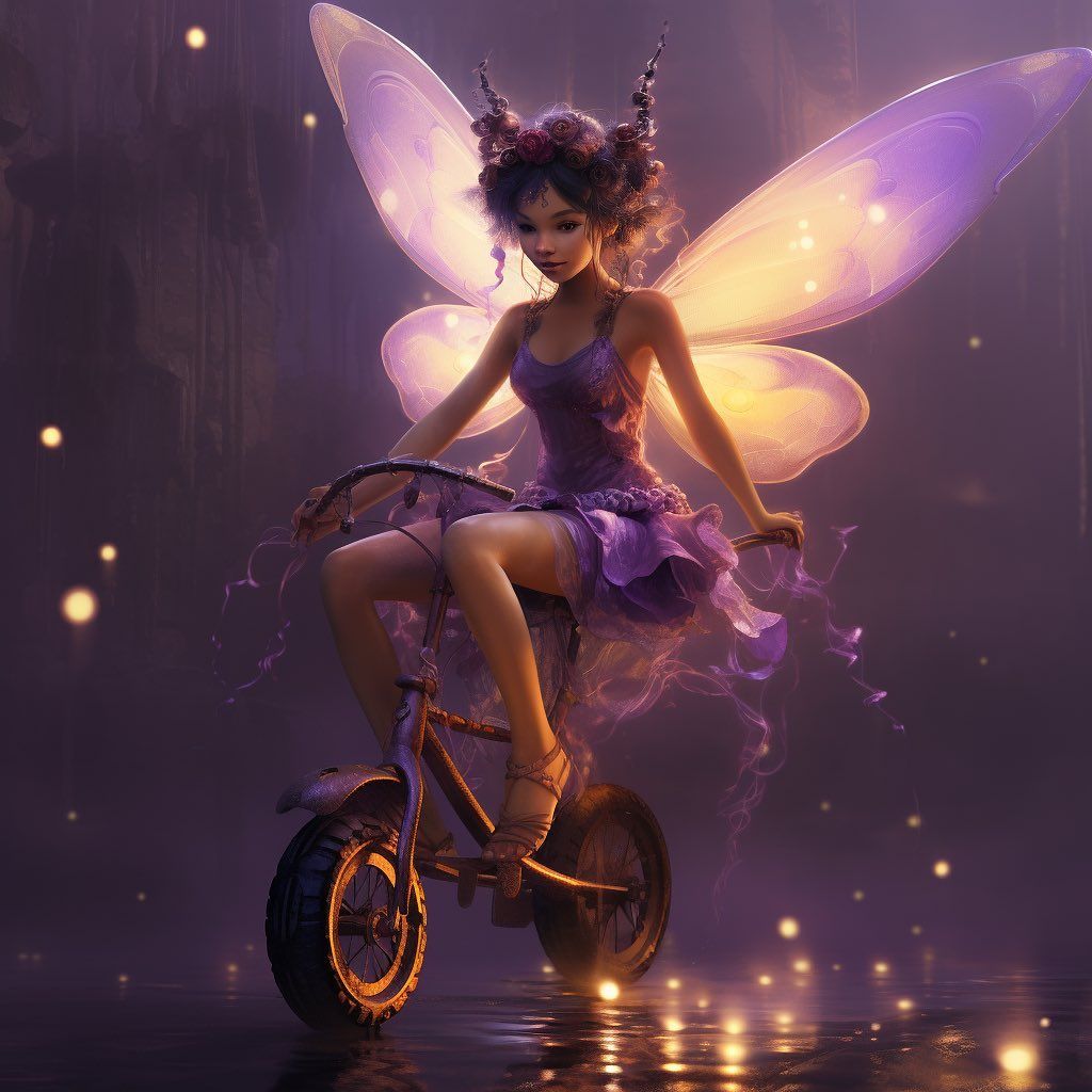 whimsical fairy on tricycle in mystic glow