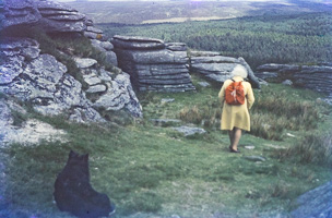 Woman hiking on rocky terrain with a dog