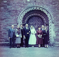 Wedding party gathers at historic stone venue