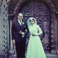 Couple celebrating wedding at historic venue