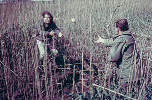 Two people playing catch in a grassy field