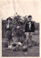 Children in a garden with their dog and a ball