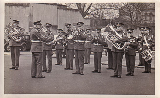 Marching band performs in a historic location