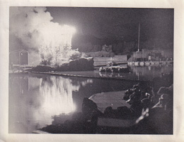 Fireworks illuminate a quiet lakeside at night