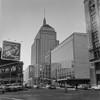 Busy downtown cityscape in black and white