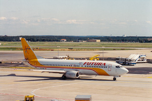 Colorful plane ready for takeoff