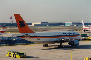 Hapag-Lloyd plane taxiing at the airport terminal