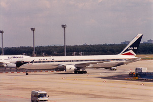 Delta jet ready for takeoff at airport