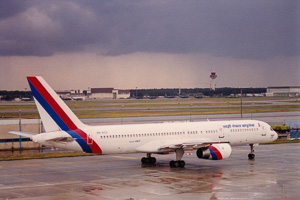 Airplane prepares for takeoff in stormy weather