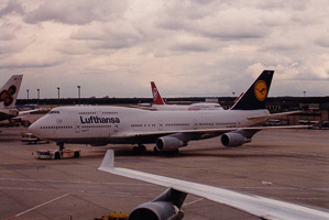 Lufthansa jumbo jet departs airport